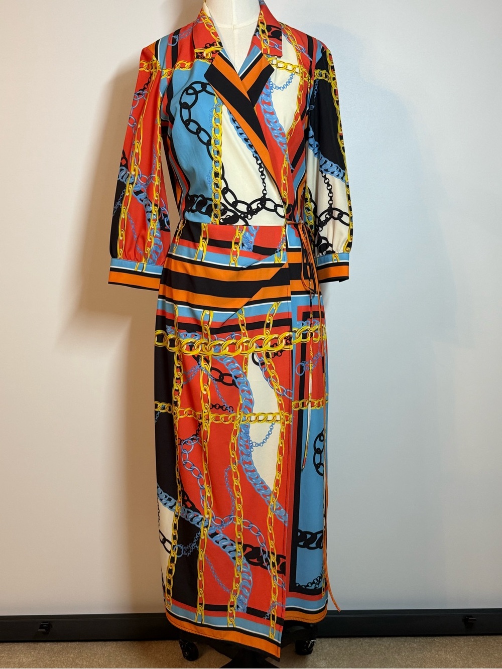 Chain-Print Wrap Midi Dress in Red, Blue & Black